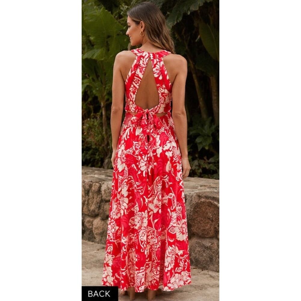 Abel The Label Hibiscus Floral Open Back Halter Maxi Dress Resort M - Picture 2 of 10